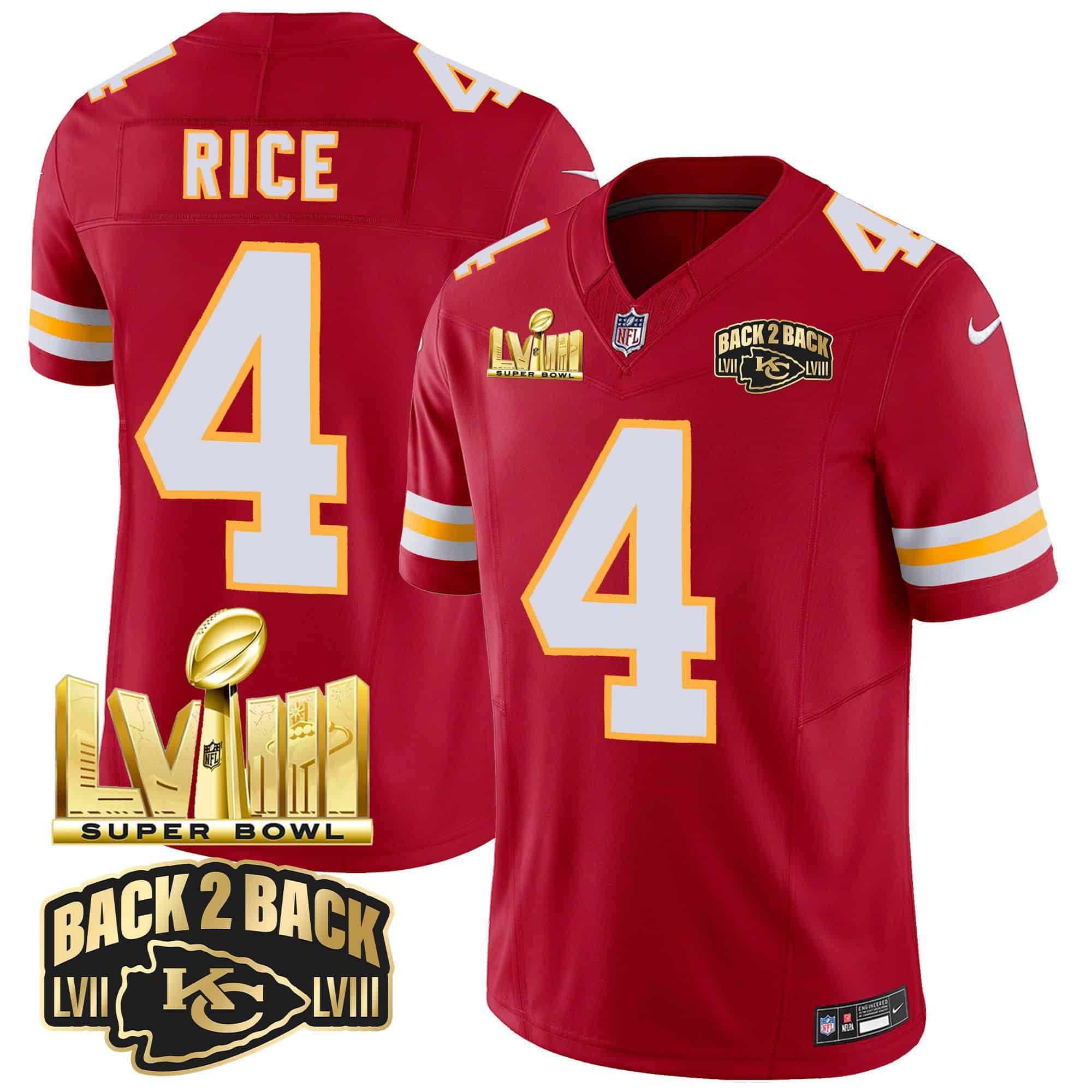 Men Kansas City Chiefs #4 Rice Red 2024 Nike Super Bowl LVIII & Back-2-Back Gold Patch Vapor NFL Jersey style 3